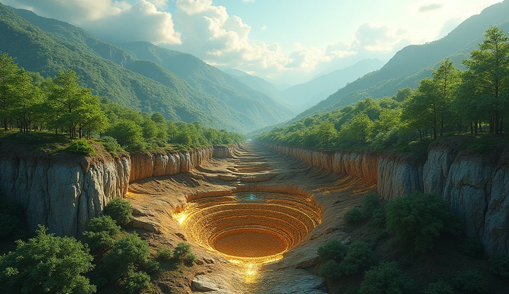 Front view,Cross section of mountain,There are many laurel trees on the hills above the ground,There are many veins of gold and jade under the ground.(best quality,4K,8k,High level,masterpiece:1.2),Ultra Detailed,(lifelike,Photo real,Photo real:1.37),Complex patterns,Realistic lighting,虚幻引擎4K壁纸,Summer Unreal Engine 5, Beautiful landscape rendering, Mountains and Oceans, Rendered in 8k Unreal Engine,,The most beautiful scenery,Epic shock