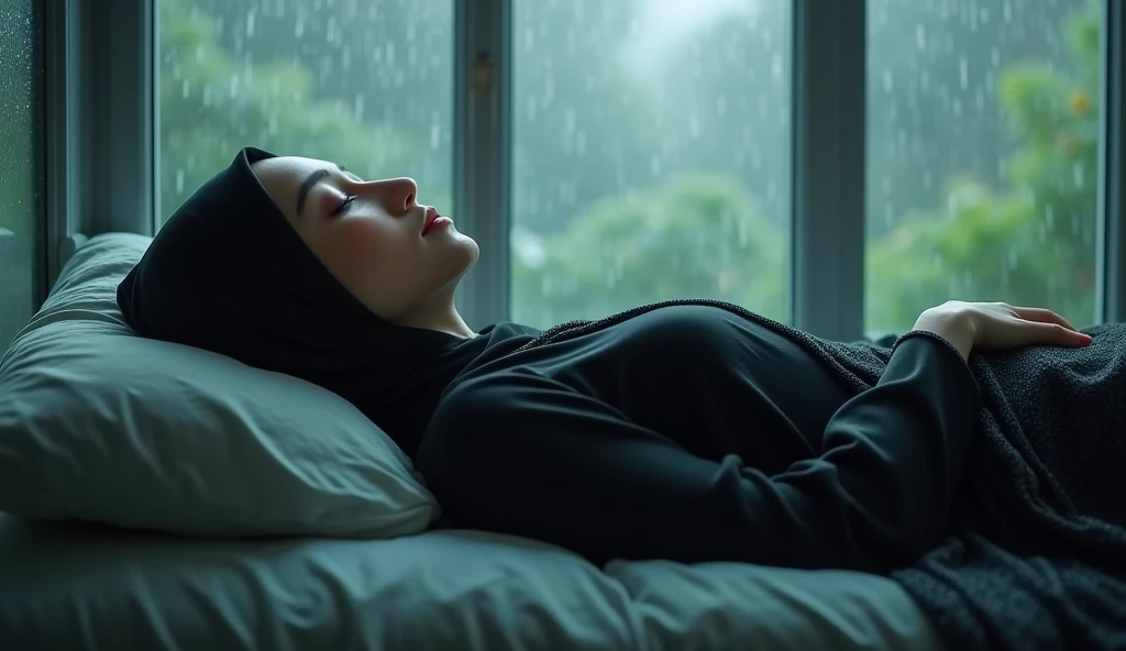 Rain sleep Muslim woman black veil glass window sleeping in a room with lightning rain