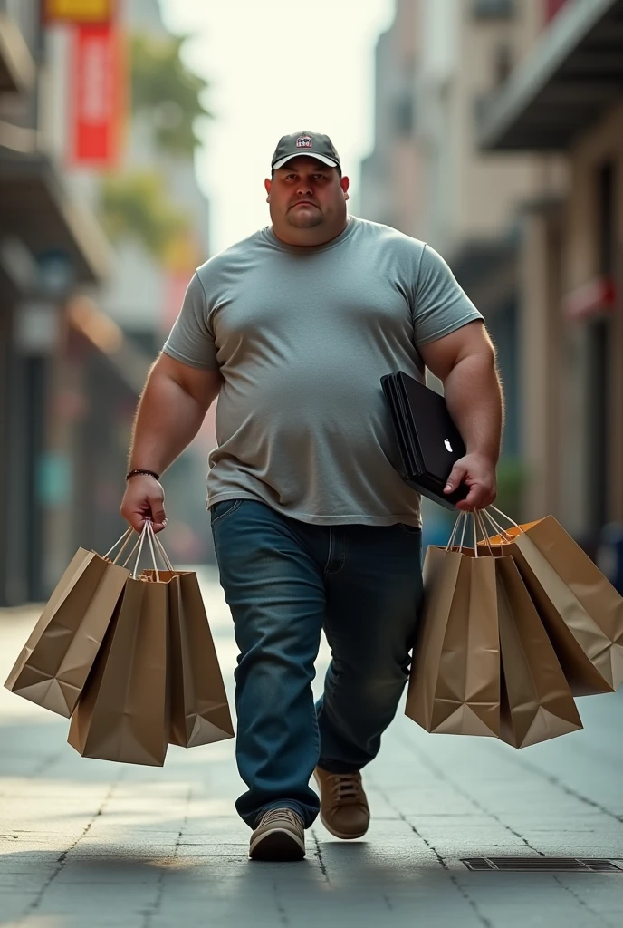 Un homme gras musclé avec une casquette et pleins de sac de course, dans la main droite un ordinateur portable
