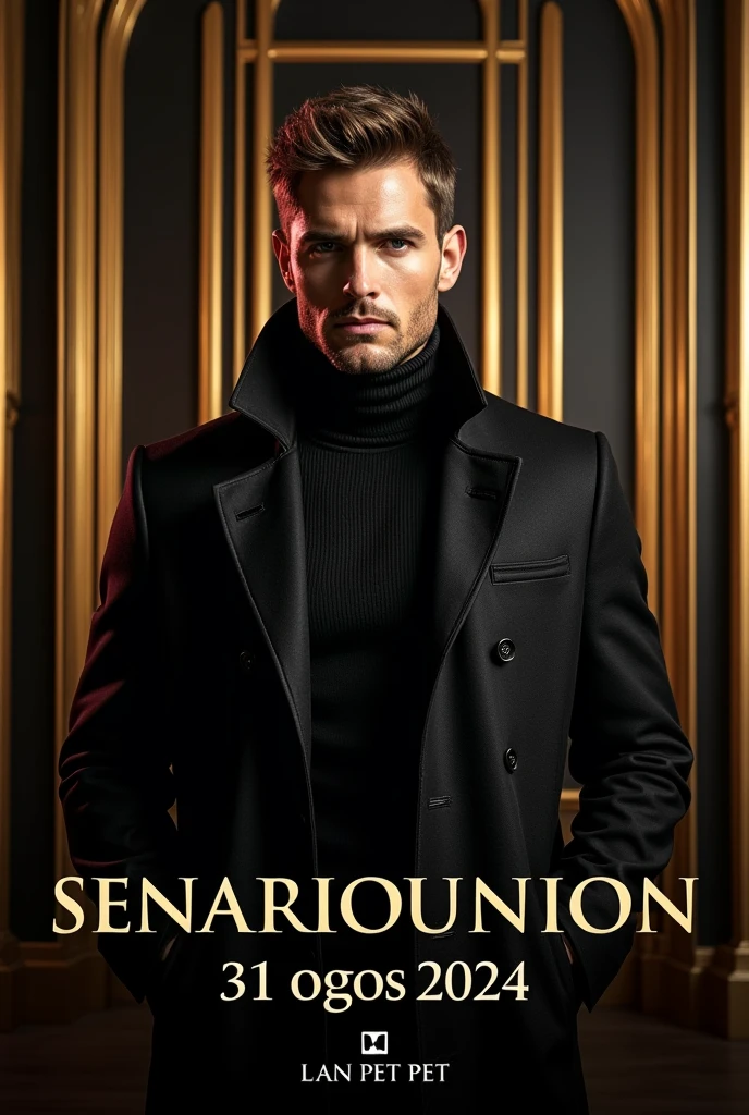 Poster of one handsome man with coat. Color the background with black and gold. Write on that showcase SENARIOUNION 31 Ogos 2024. Write his name Lan Pet Pet 