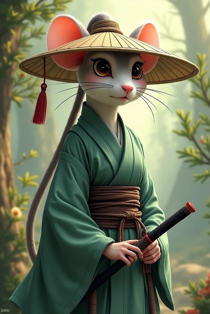 a character: female "Asian" mouse who is a sort of samurai/swordsman (some sort of historical Asian warrior) who wears a long hat and sage-colored clothes