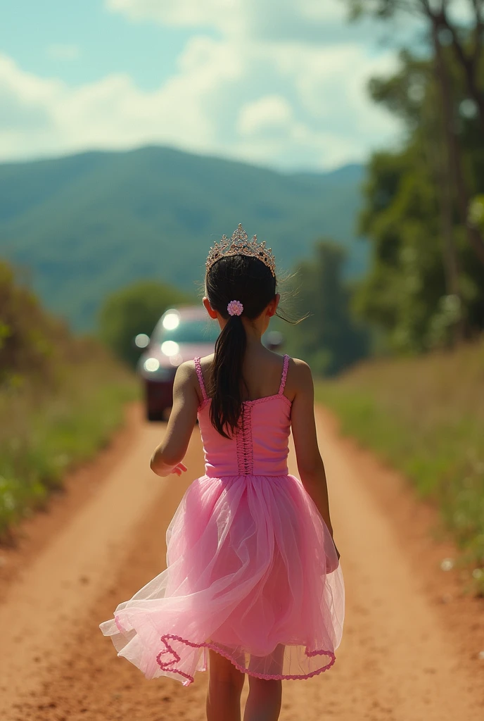 Location in the Serra Gaucha, Araucaria high hills, girl character dressed in pink with tiara on her head, is , the angle is low, film the girl from behind. In front of her is a car in the same direction she is going, she chases the car as it drives away. the road is dirt. The car and the are back to back, the car is a taxi