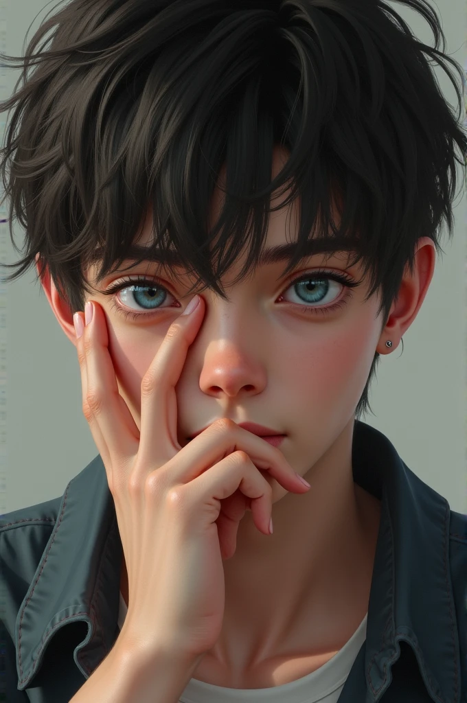 Make a boy face. Medium lenght hair. sharp jaw. Covering his mouth with his hand. A hand structure. Blue eyes