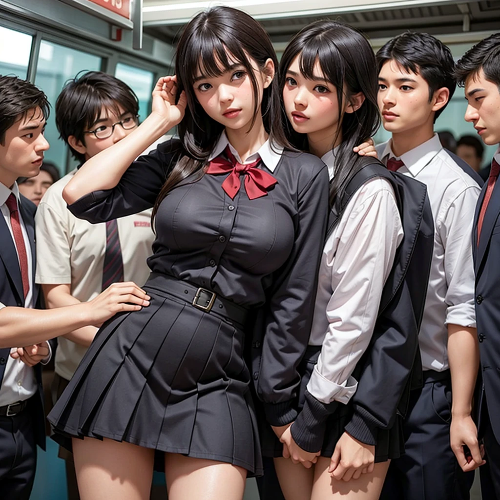Beautiful innocent high school girl surrounded by excited high school boys, A beautiful girl with a baby face like an idol, Changing clothes in the bathroom, A group of high school boys peek at my sexy underwear, A high school boy grabs my breasts from behind, My butt is touched by a high school boy, Being hugged by a high school boy, Anatomically correct, Staring at the audience, Beautiful wavy black medium bob hair, She screams with her mouth open in shame at being seen in her underwear in public, blush, Body flushed red, Wet with sweat, Increased sensitivity, Tears overflow from your beautiful eyes, Ultra high definition, Slender body, Can be smelled from close range, Japanese, Cowboy Shot, Relaxation and turning your legs inwards