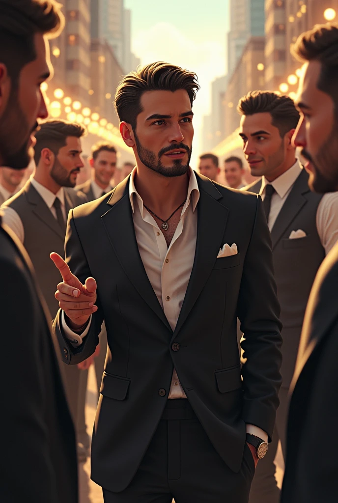The man gesturing toward others who have luxurious items or are surrounded by friends.