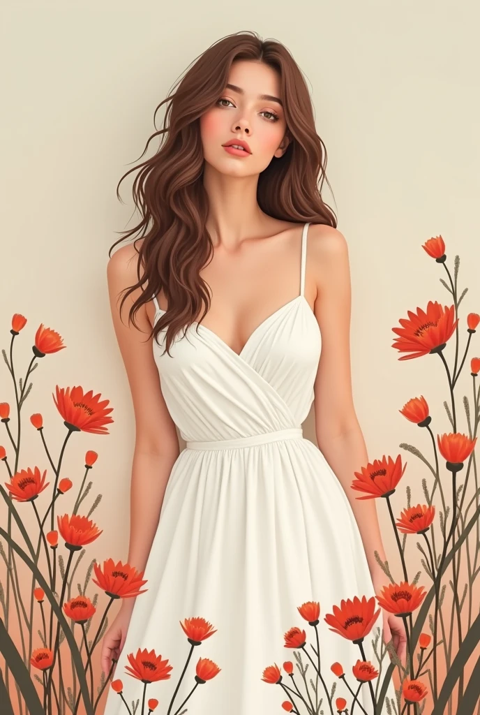A woman solo in a white dress. Summer, nostalgic, simple and beautiful color scheme, flat color, flowers, chic, red flowers, brown hair