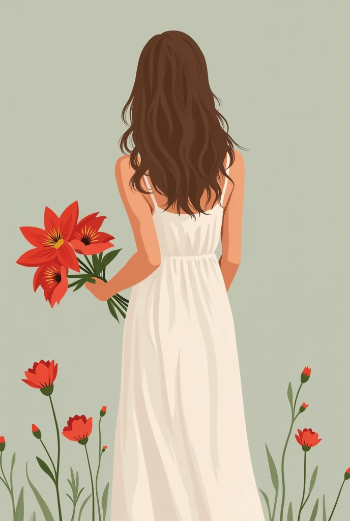 A woman solo in a white dress. Summer, nostalgic, simple and beautiful color scheme, flat color, flowers, chic, red flowers, brown hair