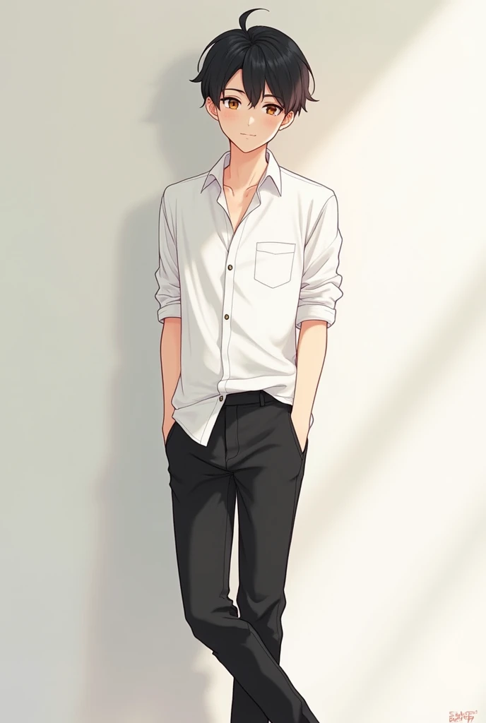 Anime boy with white shirt folded sleeves black pant black shoes handsome cute full body shot ...pant touching shoes this leg not visible