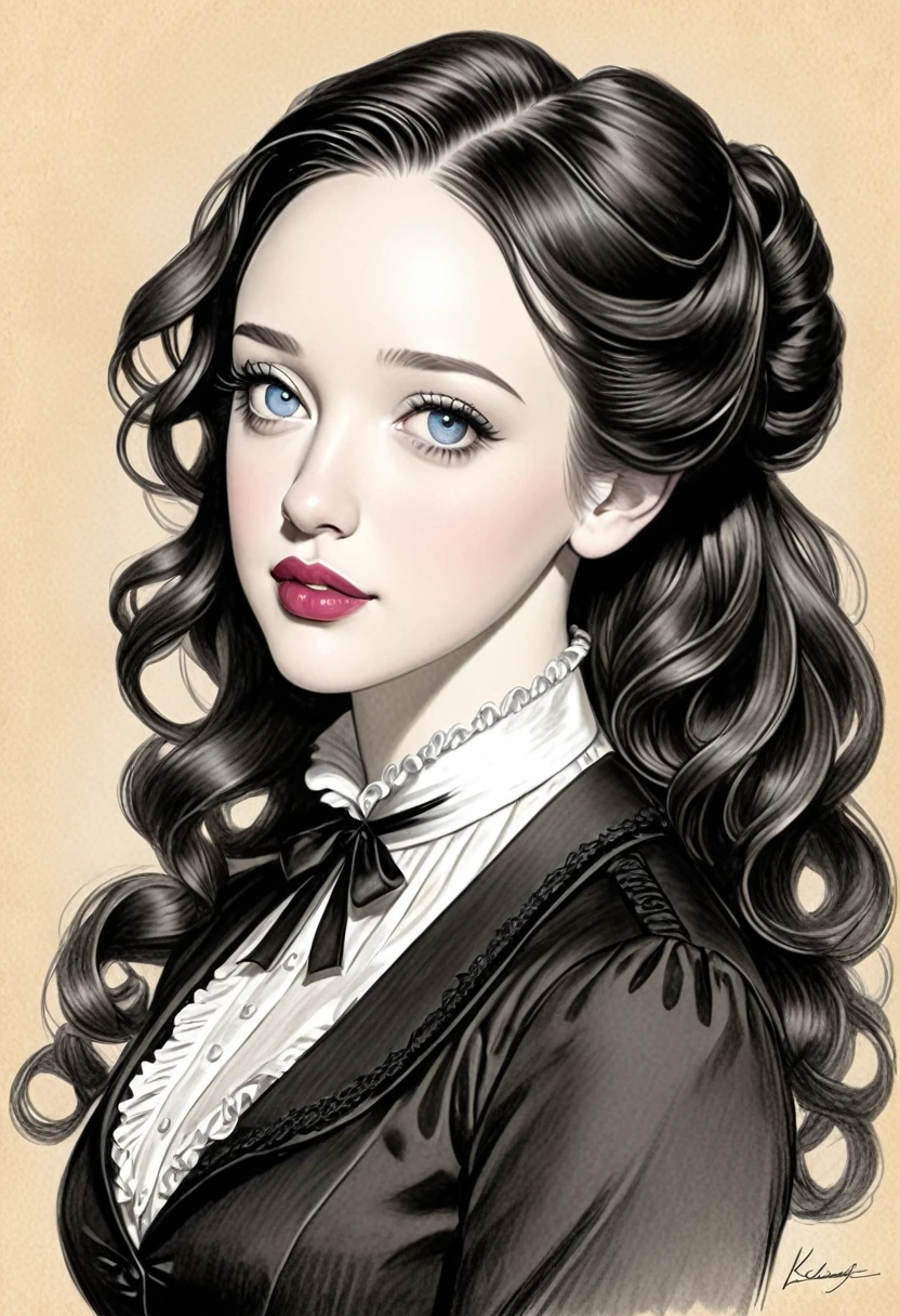 A pencil drawing of a young victorian governess, curly black hair. Kind and inteligent energy. Kat Dennings
