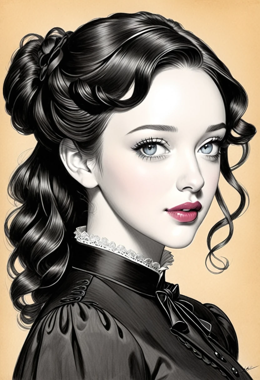 A pencil drawing of a young victorian governess, curly black hair. Kind and inteligent energy. Kat Dennings