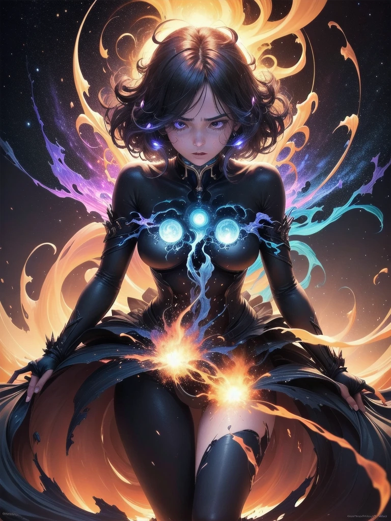**Description for Cover:**
"Portray the dramatic moment in which the Co-creator, a female figure of fluid and ethereal energy, is at the epicenter of the creation of the universe. Show the colossal cosmic explosion, similar ao Big Bang, with a torrent of lights and energy radiating out. The Co-Creator must be a female entity with a fluid and luminous form., appearing to be made of pure light and energy that twists and dissolves.
His expression must be a mixture of horror and effort., highlighting his struggle to control the primordial force of the explosion. Detail how your fluidic form fragments and is pulled into the created vortex, symbolizing the failure to contain chaos and the inevitable fall into its own creation. Show the distortion and stretching of its shape as it is absorbed into the vortex.
The explosion around it must be intense and chaotic, with an explosion of bright, contrasting colors like blue, purple, red and gold, reflecting the magnitude and tumult of the event. Highlight the turbulent energy and light waves spreading through space.
Include details of the vortex in the center of the scene, showing the Co-creator being slowly sucked in, as the energy around you increases in intensity. The cover should capture the feeling of a cataclysmic event and the profound transformation of the Co-Creator, with a visual representation that combines drama and complexity."