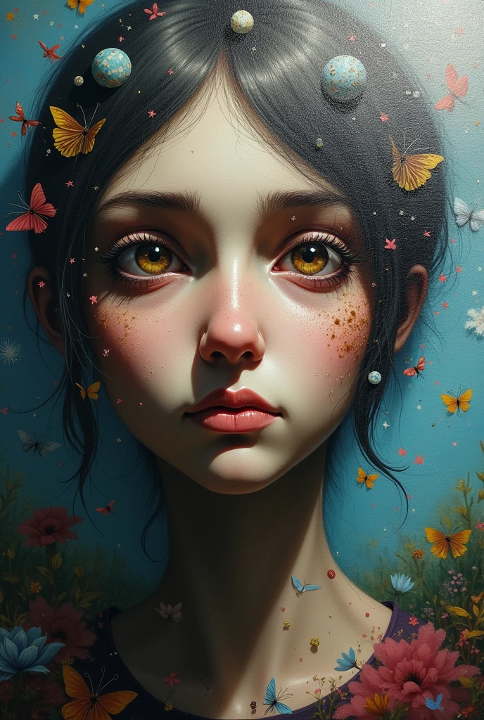 I am she who is trapped in a surreal painting where only my face is seen in 3D with feelings of sadness from many accumulated lives. A lot of depth of field highlights my face marked by other lives but the lighting varies. There is no specific one but the reality that is seen is impressive. Every detail is perfectly done. . The message I want to convey is that there are other realities, very real, detailed 3D, of this reality with lies. , 48k uses the rule of thirds bright colors fantastic expression uses only dark colors