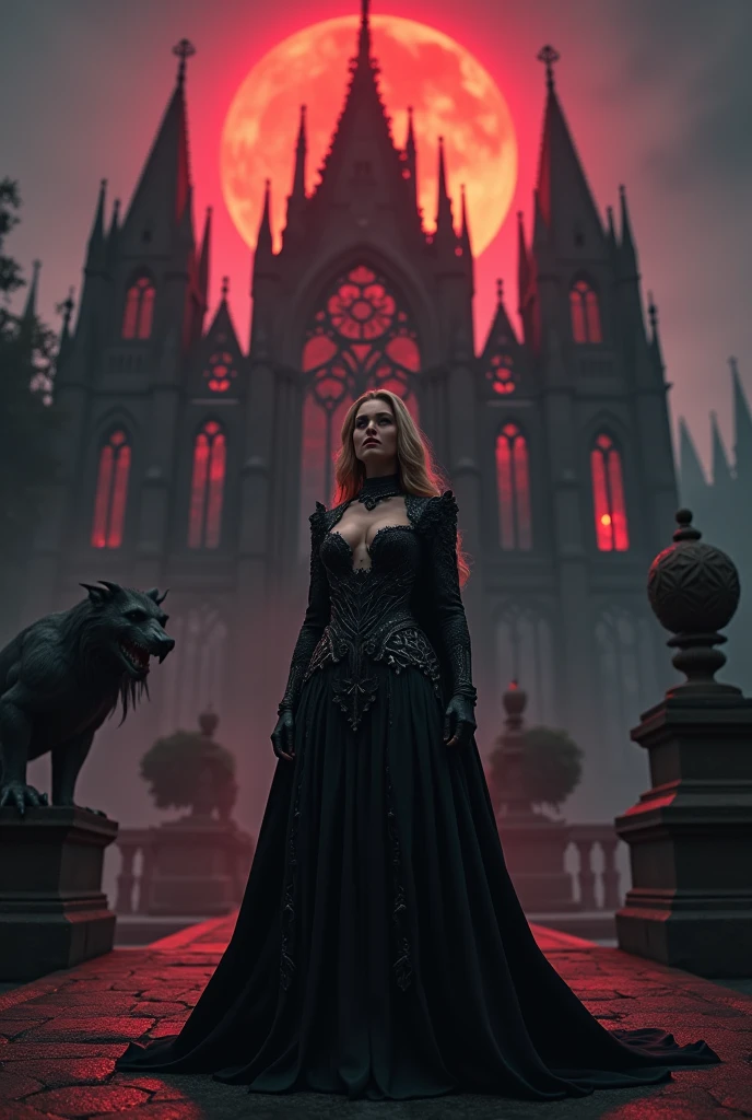 The image features a stunningly detailed 8k RTX photorealistic cinematic shot of a beautiful, voluptuous queen of the Gothics standing proudly in front of a high Gothic cathedral. By her side, a menacing gargoyle looms, adding to the dark and mysterious atmosphere. The red moon casts an eerie glow over the scene, enhancing the gothic architecture and intricate details of the cathedral. The composition is framed in a wide angle view, with smooth lines and realistic 3D dark effects creating a whimsical and captivating portrait of a woman in a fantasy style. The ZBrush final render and additional Blender details bring depth and richness to the image, capturing the essence of gothic beauty and mystery.


