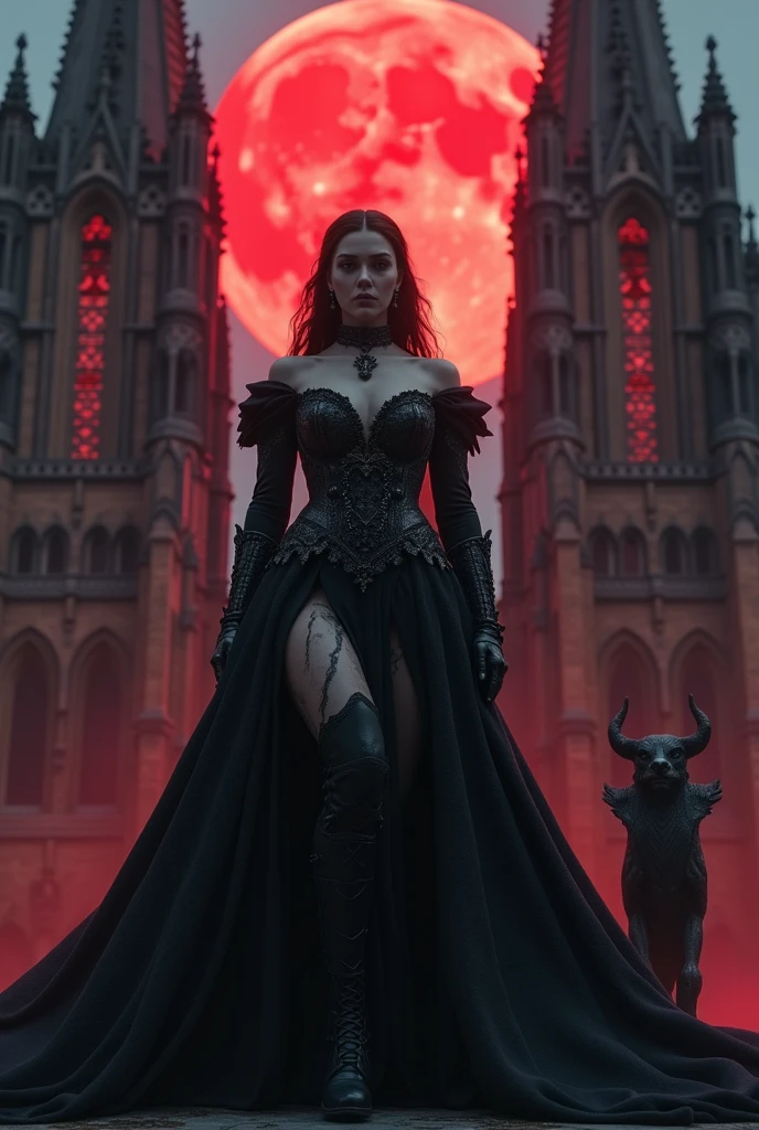 The image features a stunningly detailed 8k RTX photorealistic cinematic shot of a beautiful, voluptuous queen of the Gothics standing proudly in front of a high Gothic cathedral. By her side, a menacing gargoyle looms, adding to the dark and mysterious atmosphere. The red moon casts an eerie glow over the scene, enhancing the gothic architecture and intricate details of the cathedral. The composition is framed in a wide angle view, with smooth lines and realistic 3D dark effects creating a whimsical and captivating portrait of a woman in a fantasy style. The ZBrush final render and additional Blender details bring depth and richness to the image, capturing the essence of gothic beauty and mystery.