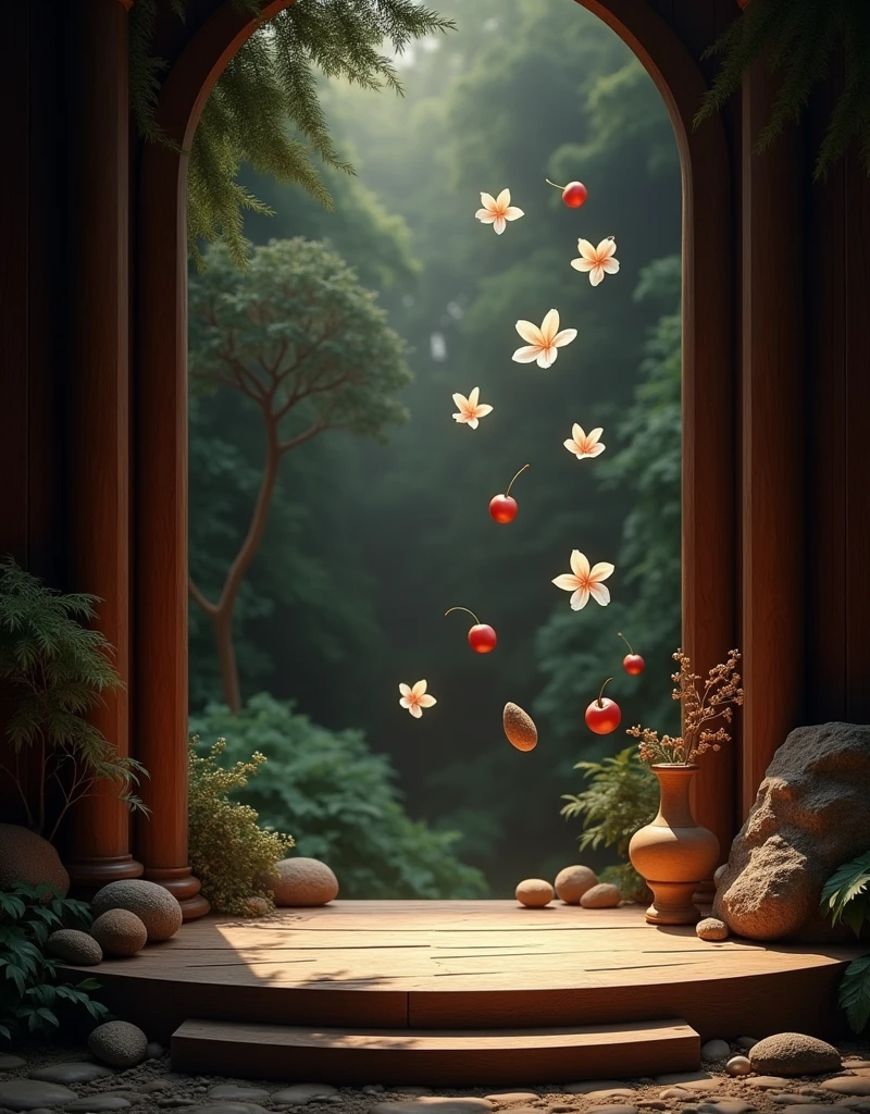 wooden stage on a dark elegant natural background and floating almonds scattered, cherry, bergamot in the air cut and jasmines. and elegant lights

