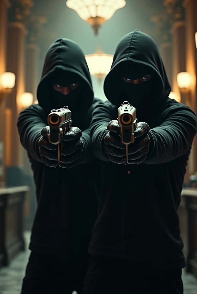 create a cover with two robbers robbing a bank with two identical glocks with an elongated comb and in the center written JOVEMRICO GLOCK GEMEAS