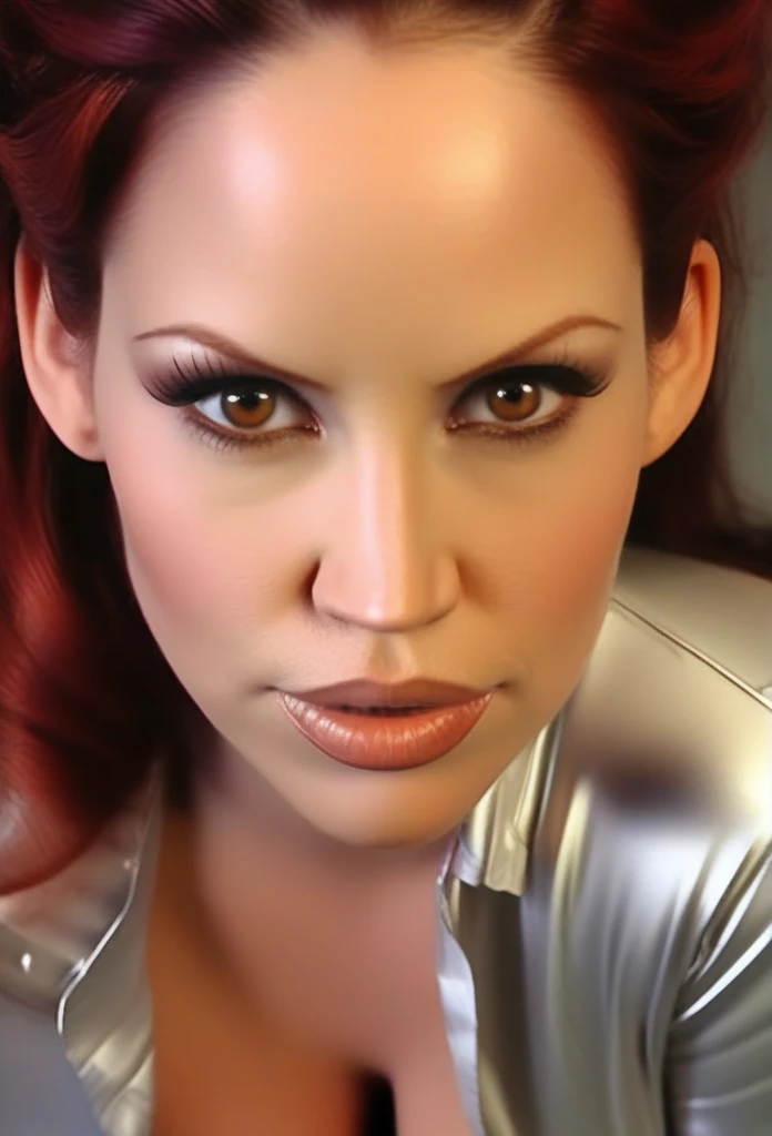 bncbchmp, light natural tones , ((pencil drawing , watercolor drawing)), portrait of a woman,wearing exposed cleavage silver satin shirt,big full breasts, detailed eyes, beautiful , highly detailed, soft color tones, soft lighting, detailed lines, sharp, realistic, brush strokes