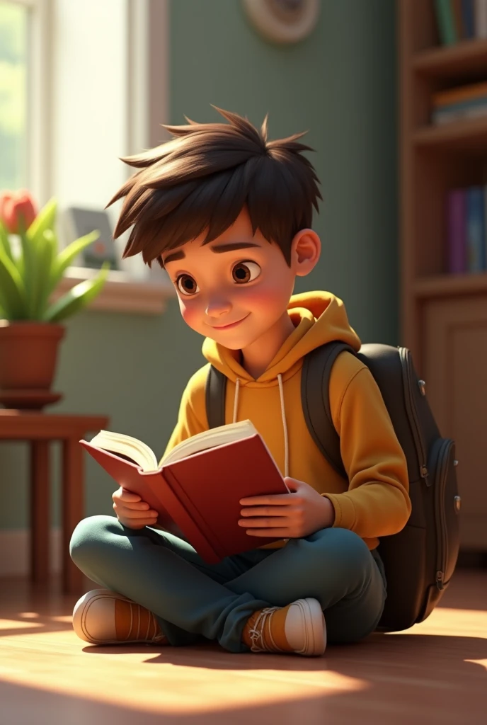 young man in pixar style sitting on the floor reading a book with a backpack on his back