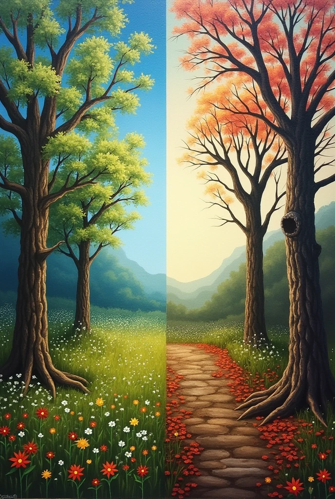Can you create vertical split painting of spring on one side and autumn on other make autumn side more gloomy and dead