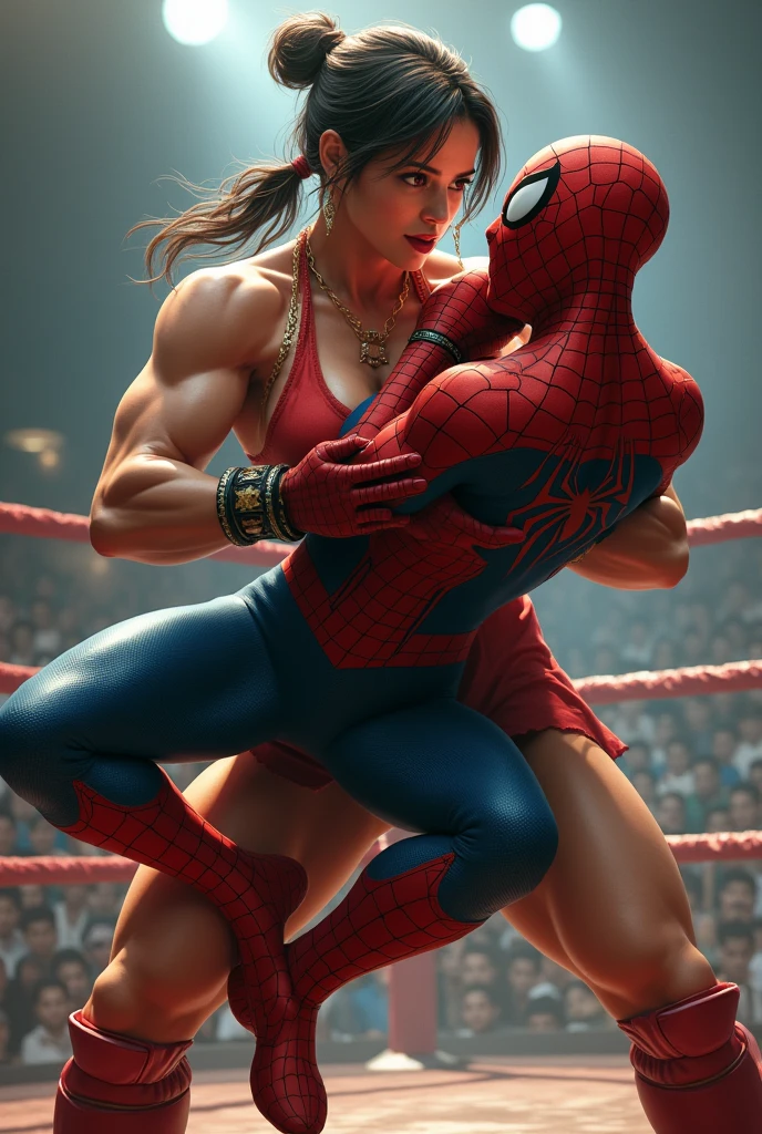 struggle, Chun-li girl, lifts spiderman with his hands. Holds Spider-Man in his arms, background ring, view from the back