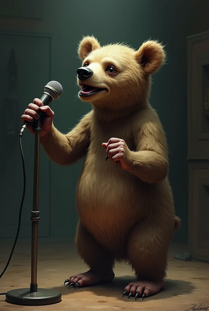 A malnourished bear singing with a microphone