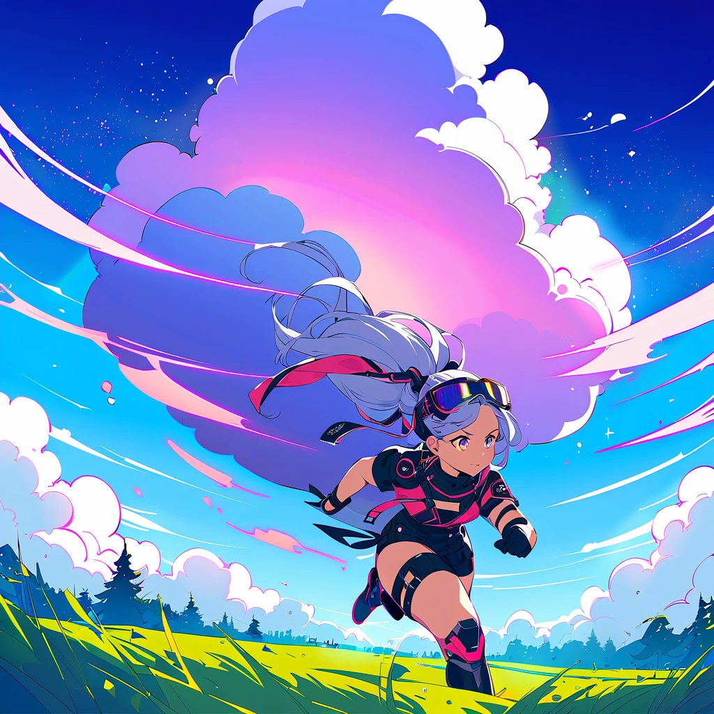 ((masterpiece)) Japanese anime style.cyber punk. cyber-punk. Woman running in a grassy field. Cine illumination particles. epic scene. Light clouds in the sky, intense pasty colors. bright coloured. lot of details. 8k.