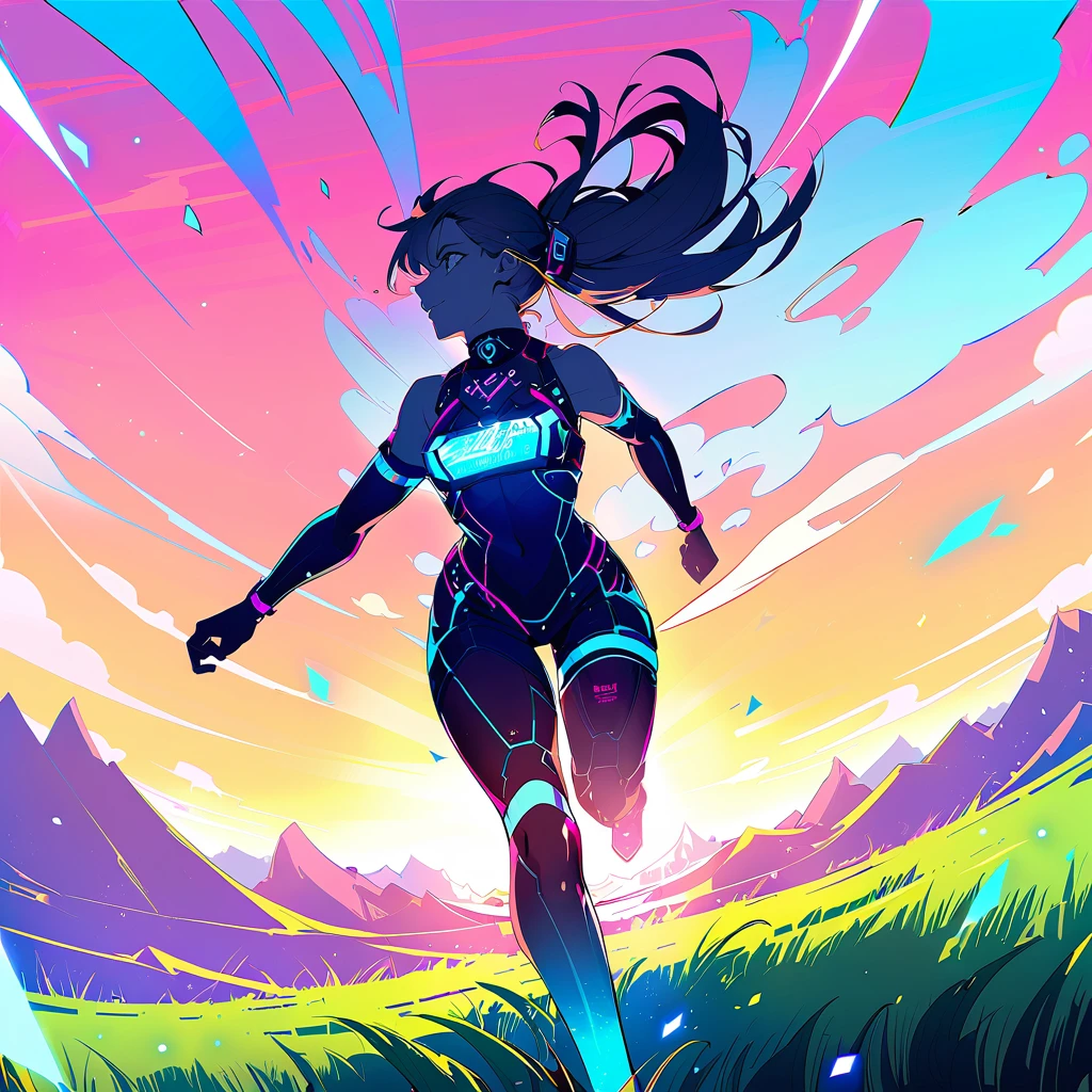 ((​masterpiece)) Japanese anime style.cyber punk. cyber-punk.  Woman running in a grassy field. Cine illumination particles. epic scene. Light clouds in the sky, intense pasty colors. bright coloured. lot of details. 8k. 