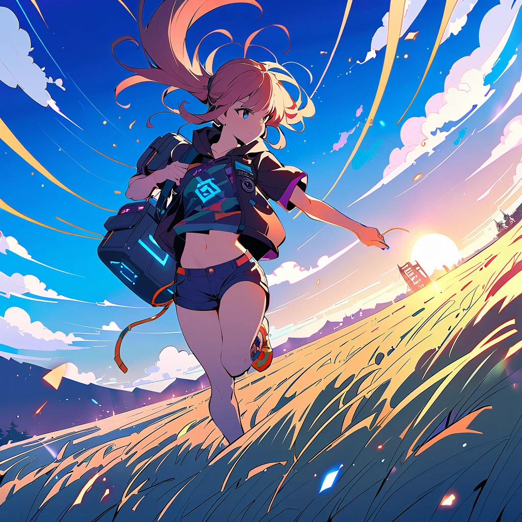 ((masterpiece)) Japanese anime style.cyber punk. cyber-punk. Woman running in a grassy field. Cine illumination particles. epic scene. Light clouds in the sky, intense pasty colors. bright coloured. lot of details. 8k.