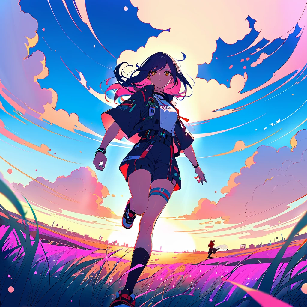 ((​masterpiece)) Japanese anime style.cyber punk. cyber-punk.  Woman running in a grassy field. Cine illumination particles. epic scene. Light clouds in the sky, intense pasty colors. bright coloured. lot of details. 8k. 