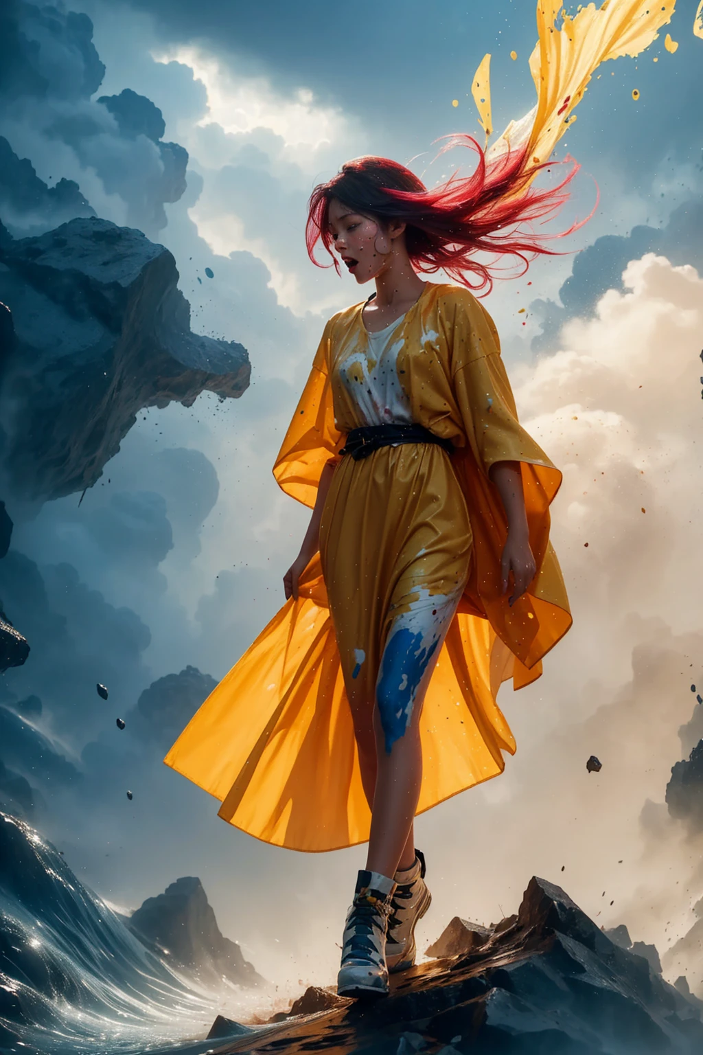 (level difference:1.8),(Paint colliding and splashing on the canvas),(depth of field),(flat color :1.1,(yellow theme)),1 girl,screaming,propaganda poster,full body,strong wind,heavy smoke,(liquid paint rainbow hair:1.1) made of paint and defies gravity,thick flowing,(paint splatter:1.3),Liquid state,stunningly beautiful, masterpiece, detailed background,ultra high quality model, ethereal background,abstract beauty, explosive volumetric, oil painting,heavy strokes,Romantic lighting,Sub-Surface Scatterring,glow,8k,high resolution, dreamy,ray tracing,hdr,god rays,