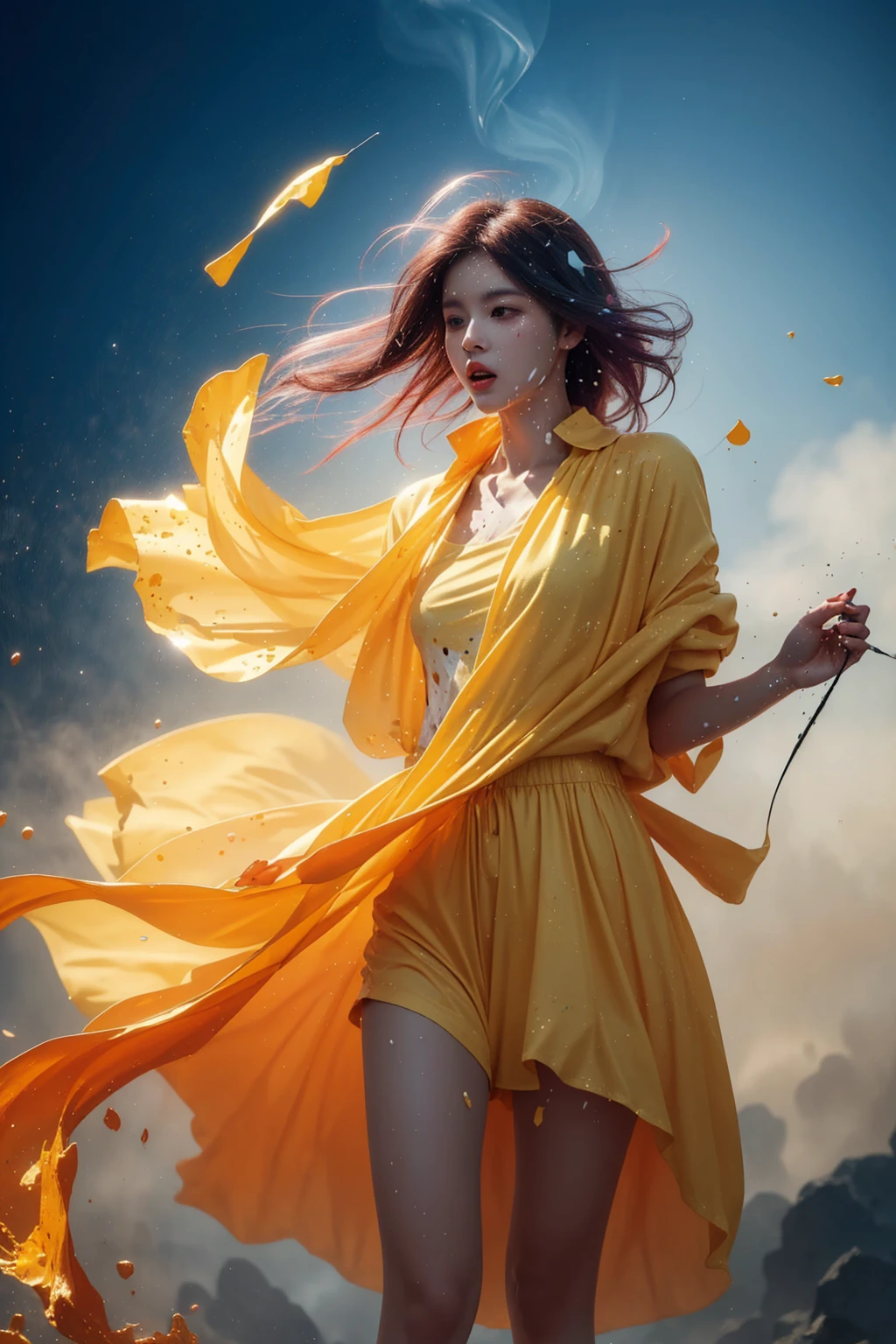 (level difference:1.8),(Paint colliding and splashing on the canvas),(depth of field),(flat color :1.1,(yellow theme)),1 girl,screaming,propaganda poster,full body,strong wind,heavy smoke,(liquid paint rainbow hair:1.1) made of paint and defies gravity,thick flowing,(paint splatter:1.3),Liquid state,stunningly beautiful, masterpiece, detailed background,ultra high quality model, ethereal background,abstract beauty, explosive volumetric, oil painting,heavy strokes,Romantic lighting,Sub-Surface Scatterring,glow,8k,high resolution, dreamy,ray tracing,hdr,god rays,