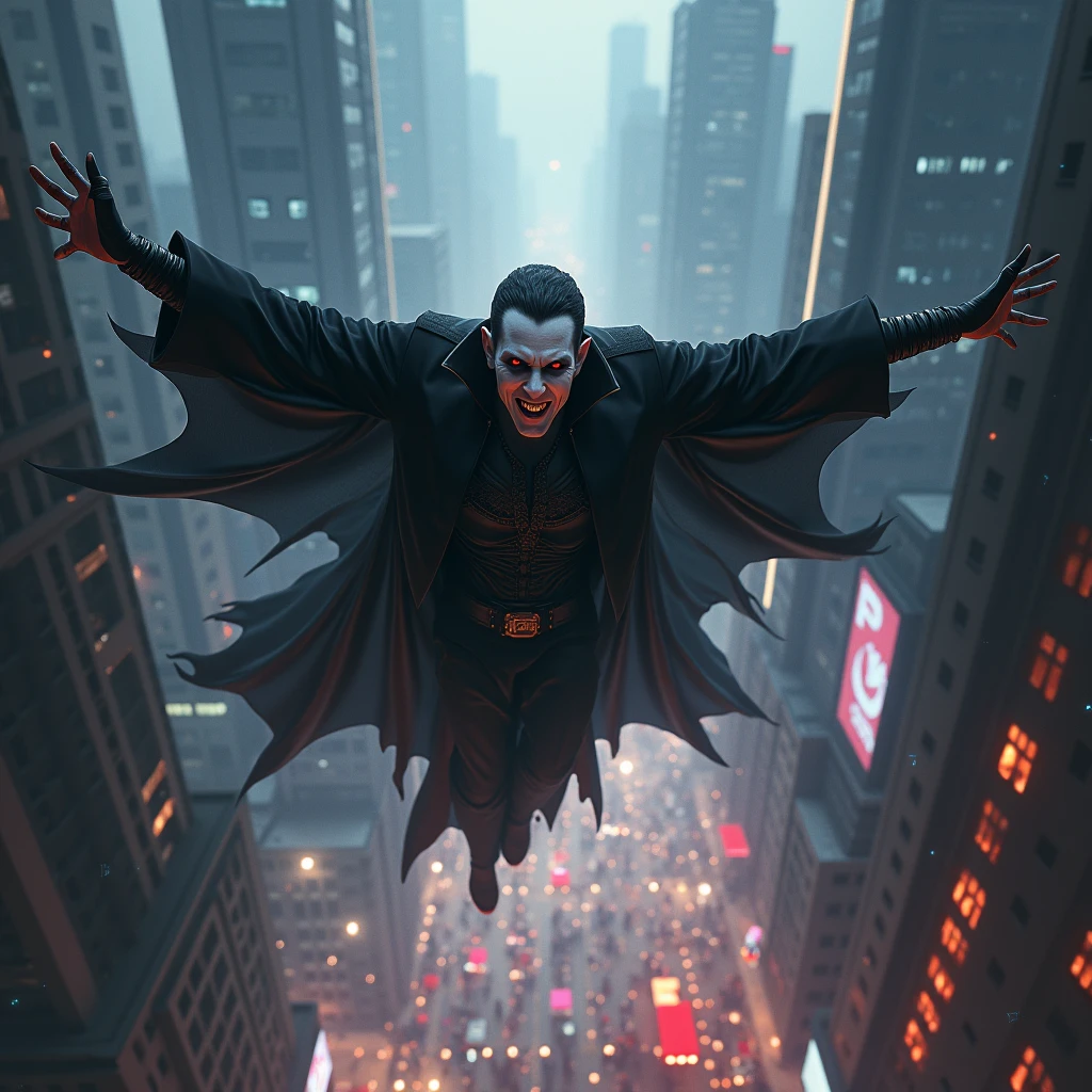 Vampire flying backwards through the city 
