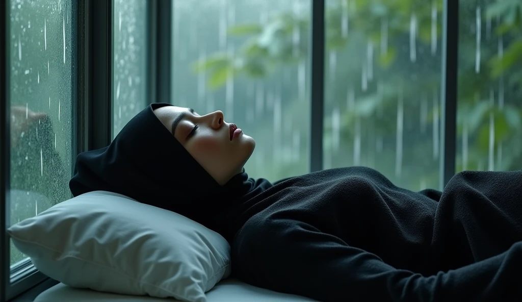 Beautiful woman sleeps, night rain in the glass room, black hijab woman sleeping rain glass window
