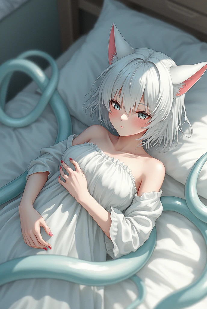 Japanese anime style，White-haired girl，Wearing white，Cat girl，A little bit of reality，On the bed，Being entangled and penetrated by slimy tentacles