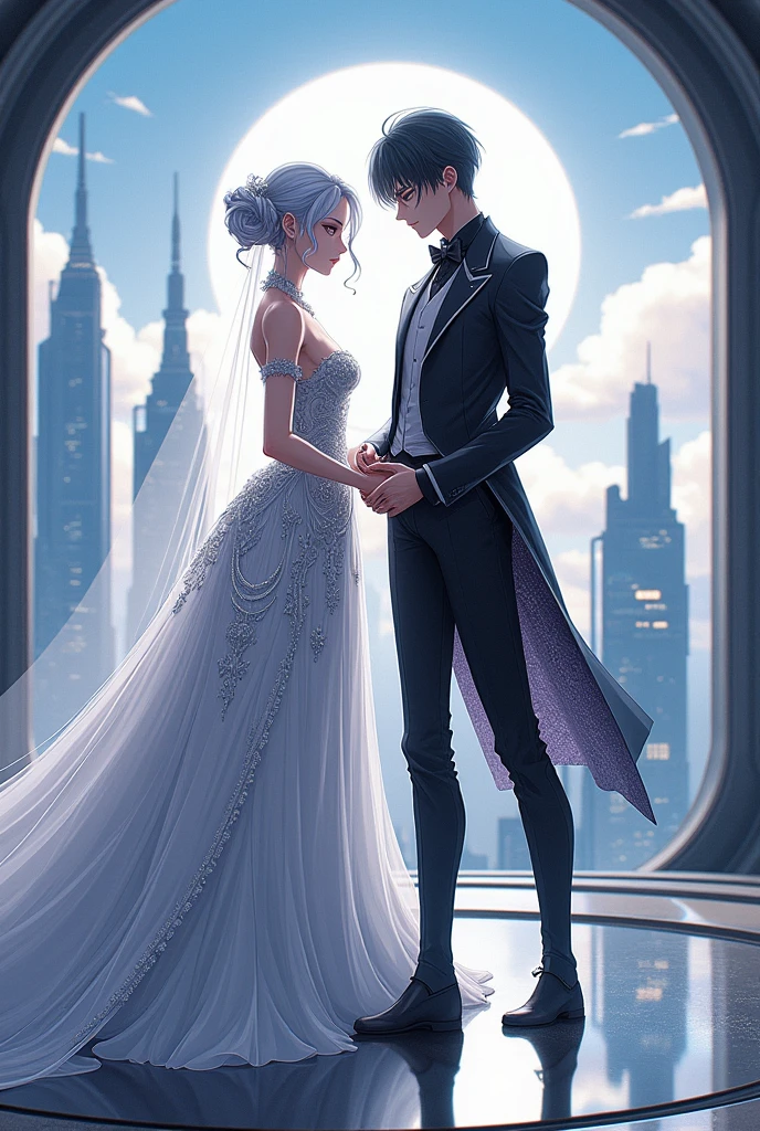 Create the characters Sanakan and Cibo from Blame! The manga has the couple wearing wedding dresses. The male has black hair and the female has silver hair in a sci-fi theme.