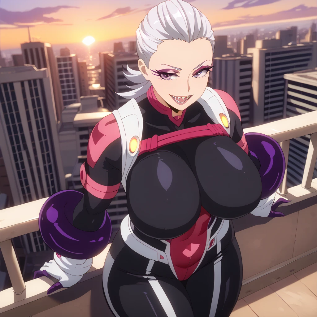 (NSFW) Detailed, best quality, 1 female, , high angle, medium close up, massive breasts, huge breasts, big breasts, big arms, purple LEDs, cowboy shot, big hips, MHA style, black body suit, heavy artillery suit, gloves, white hair, half shaved hair, purple eyes, fully lidded eyes, evil eyes, eyeliner, large open smile, sharp teeth, stocky, very muscular, balcony, city background, beautiful sunset sky, samurai suit, upgraded suit, separated , sexy, powerful, jet power, nice eyes, muscular thighs, muscular arms