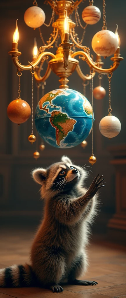 A mesmerizing photograph of an adorable, extra fluffy baby raccoon holding an intricate chandelier that resembles an orrery. The chandelier features individual planets, each meticulously crafted with unique and diverse details. The Earth, displayed as a rich blue sphere with continents and oceans, spins at the center of the celestial arrangement. The chandelier hangs in a grand, dimly lit room, casting a warm, golden light that illuminates the surrounding area. The photograph evokes a sense of awe and wonder, highlighting the beauty and complexity of our solar system. Captured in this moment is a remarkable fusion of nature and art, showcasing the delicate balance between the two., conceptual art, 3d render, photo