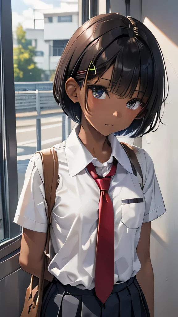 Black Hair、Very Short Hair、Light grey eyes、(Tanned brown skin)、((Dark Skin))、Flat Chest、thin、small、(Primary school students)、Short sleeve school uniform、Plain short-sleeved shirt、tie、loafers、Red bangs hairpin、Commuting,breast enhancement