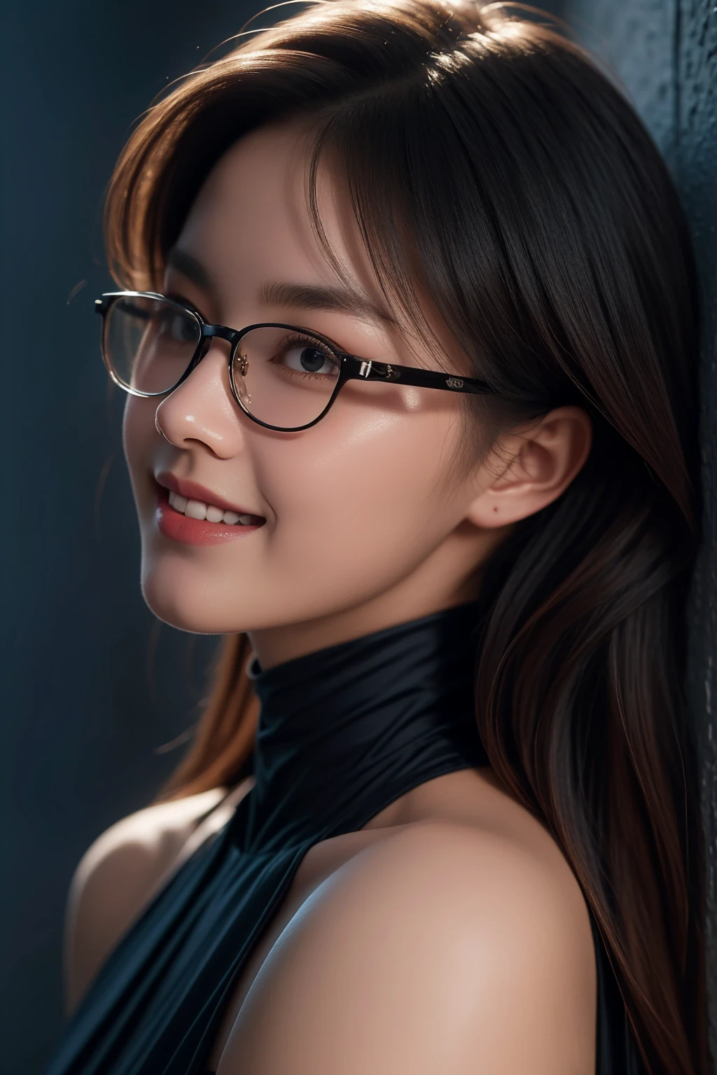 A 16k realistic portrait masterpiece, realistic soft detailed lines, highest resolution, every detail, meticulousness, depth of field, bright colors, beautiful composition: a girl Teenage girl wearing glasses smiling happily, light makeup with black hair and beautiful innocent detailed eyes, standing on a dark and ominous scene. sexy silk dress.