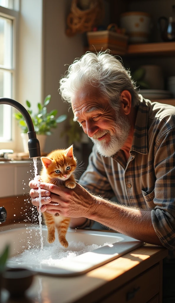 create realistic images An elderly man with gray hair and a plaid shirt is joyfully washing a small red kitten covered in soap in a sink. He is smiling broadly, clearly enjoying the moment, while water flows from the faucet onto the kitten, creating a playful, bubbly scene. The background features a cozy kitchen ambiance with light streaming through the window.
