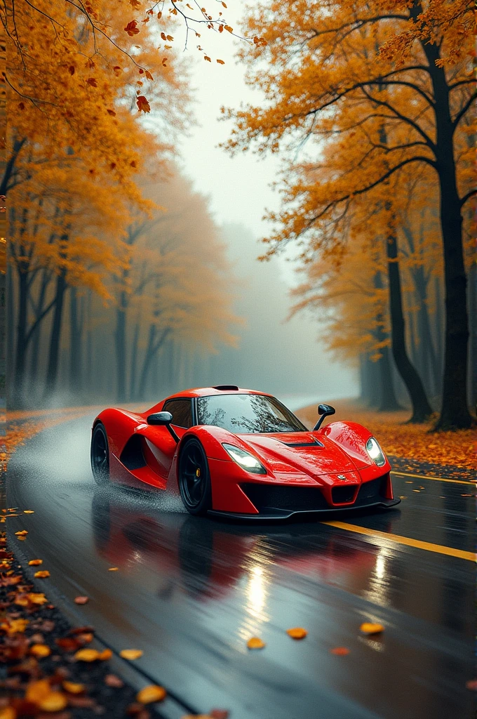 a red car driving down a wet road, by Andrei Ryabushkin, falling leaves, restomod, boxer, by Béla Iványi-Grünwald, max masnyy, trees swaying to the beat, iso 125