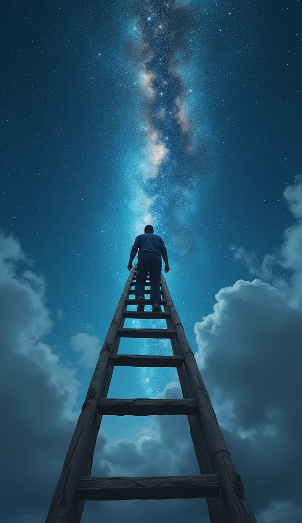 A person climbing a ladder that stretches towards the sky, where the stars above symbolize their dreams. The ladder represents continuous effort and determination.