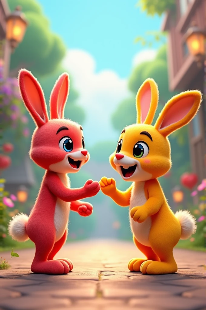 Two Ricki characters (very happy) y Lian (friendly rabbit) in human form , fighting , talking ,shouting at each other ,being friends, laughing