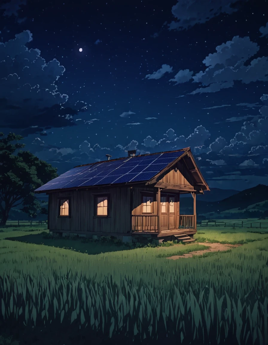 Ghibli style abandoned cabin in the distance serene night countryside clouds quiet atmosphere cozy de-stressing shadows!!!  solar8khdr!!!!