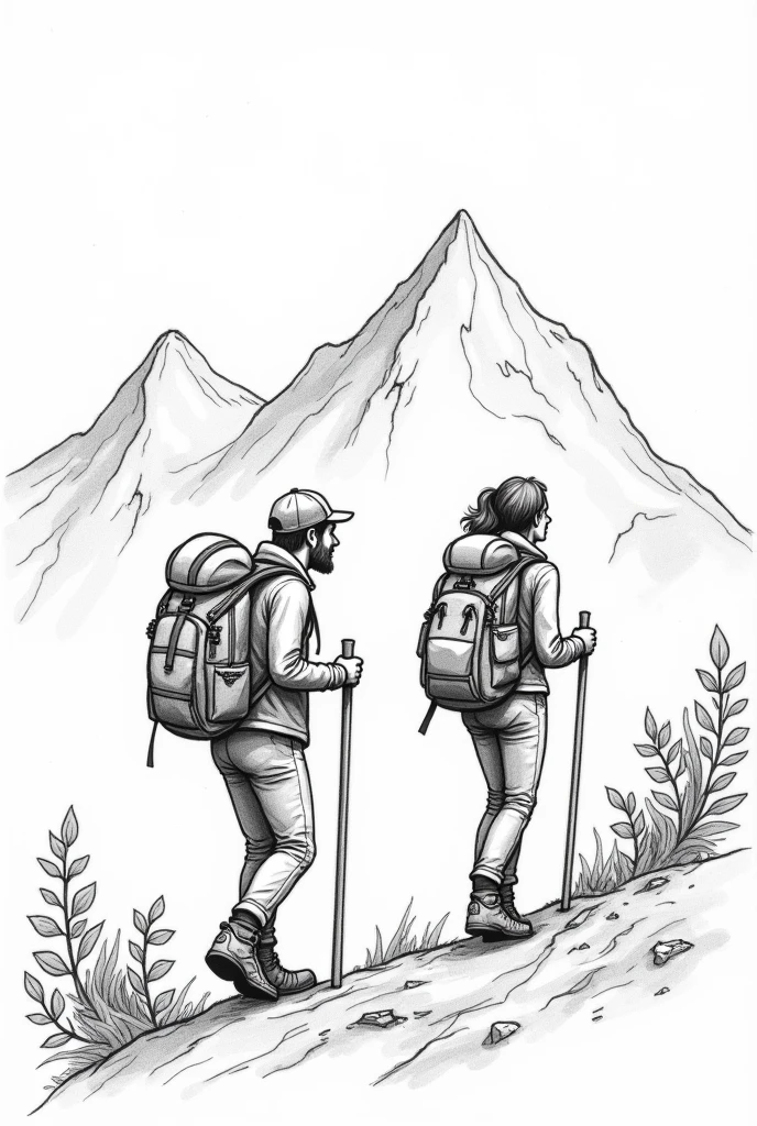 Pencil sketch、登Mountain、Line art、An illustration、icon、men and women、２name、Ruck sack、登Mountain服、Mountain、nature
