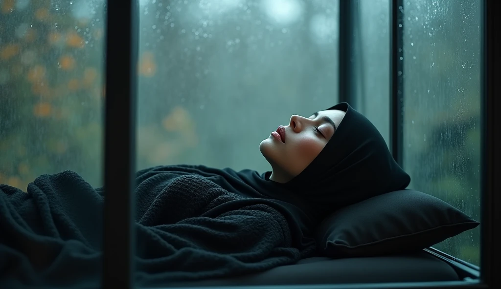Beautiful woman sleeps, night rain in the glass room, black hijab woman sleeping rain glass window