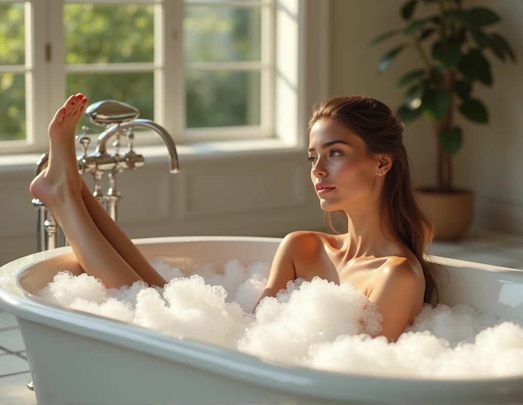 White slim legs sitting in the bathtub