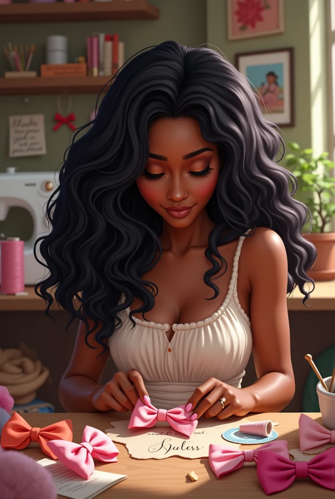 dark skinned with wavy black hair she is in her bow studio making a hair bow