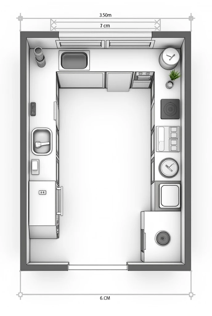 Draw a kitchen plan, a space of (3,50 m x 6 m) with the names of the areas, for example the preparation area and so on, in addition to the centimeters that are used, In addition to the electrical connections Kitchen plan 1. Preparation area (2 m x 1,5 m)
    - Located in the left corner of the kitchen - Work table (1 m x 0,60 m)
    - Washbasin (0,50 m x 0,40 m)
    - Storage of ingredients (0,50 m x 0,40 m)
2. Cooking area (2 m x 1,5 m)
    - Located next to the preparation area - Stove (0,60 m x 0,40 m)
    - Microwave oven (0,30 m x 0,20 m)
    - Storing cooking utensils (0,50 m x 0,40 m)
