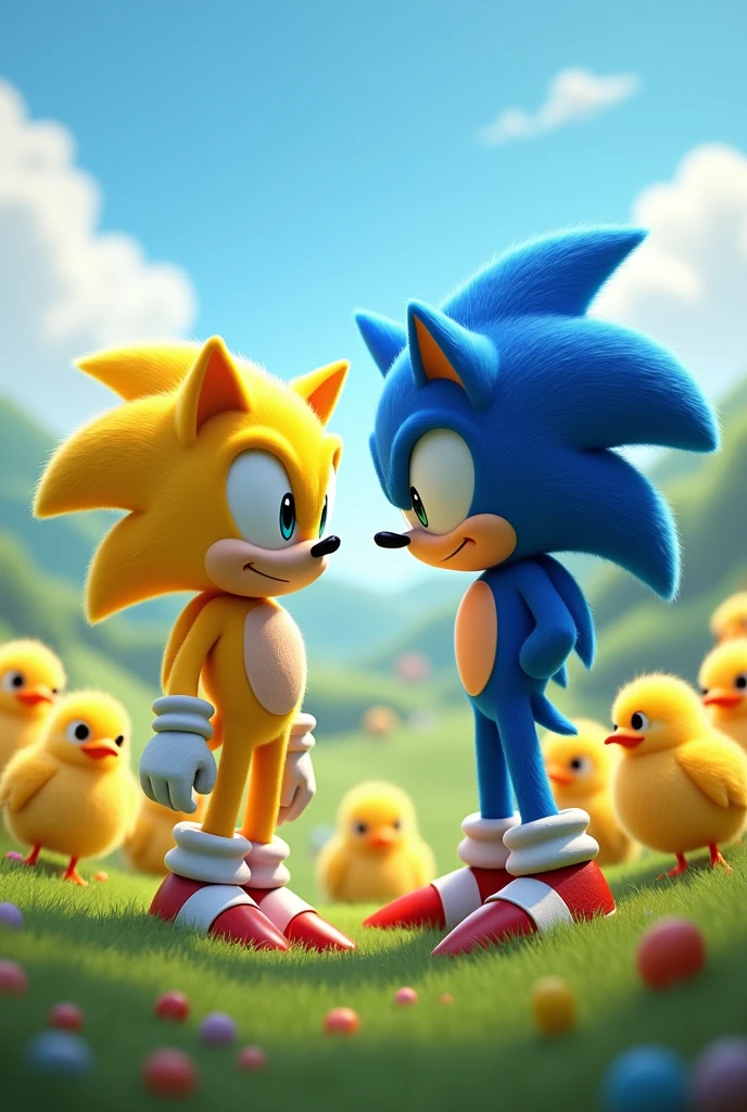 Yellow Sonic and the chicks looking at the tired blue Sonic 